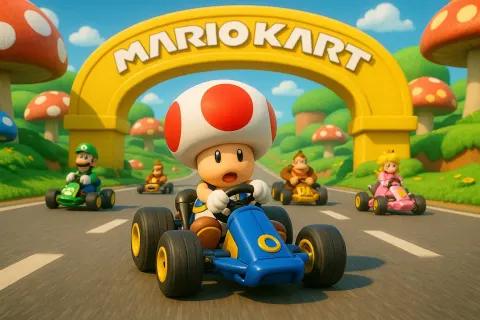 Race Featuring Toad Driving a Blue Kart on a Road