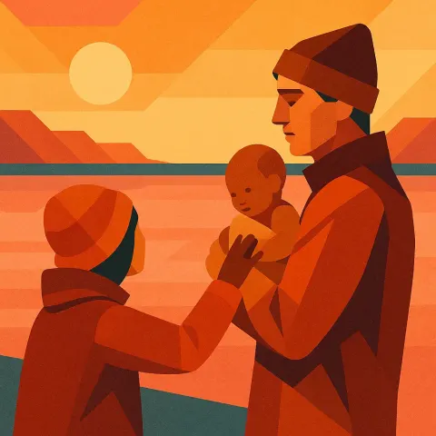 Warmly Clad Petite Figure Gently Reaches for a Tan Infant