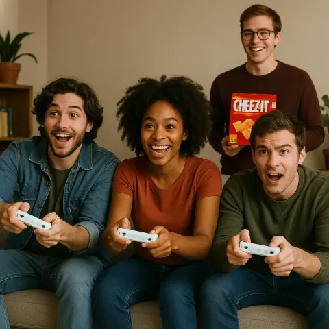 Three People Sitting on a Couch Playing a Video Game