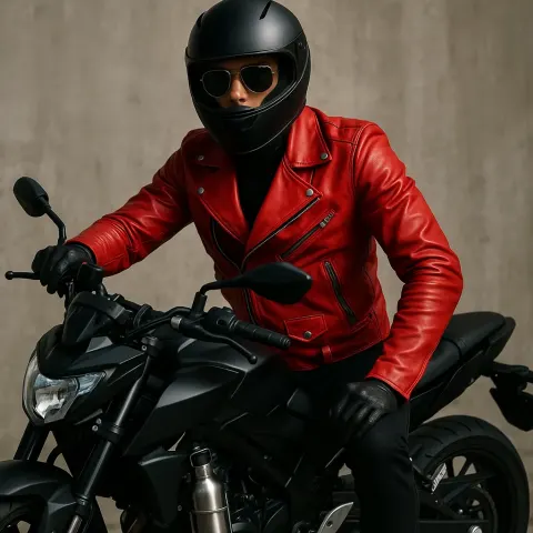 Figure Clad in a Bold Crimson Motorcycle Jacket