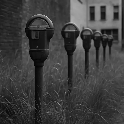 Row of Parking Meters Surrounded by Overgrown Grass