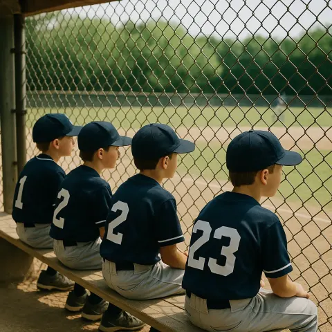 Youth Baseball Players in Uniforms Sit on a Bench