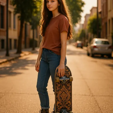 Girl with Long Hair Stands on a Sunlit Street