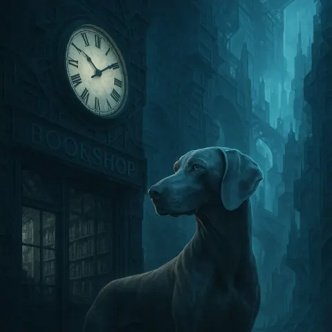 Weimaraner near a Bookshop's Wall Clock in a Futuristic Dystopian