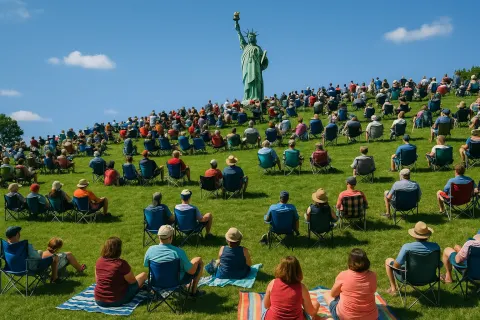 Large Outdoor Gathering with People Seated on Chairs and Blankets