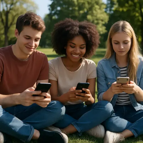 Three People Sit on Grass in a Sunny Outdoor Setting