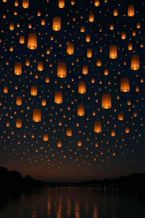 Hundreds of Paper Lanterns Ascend into the Darkening Sky