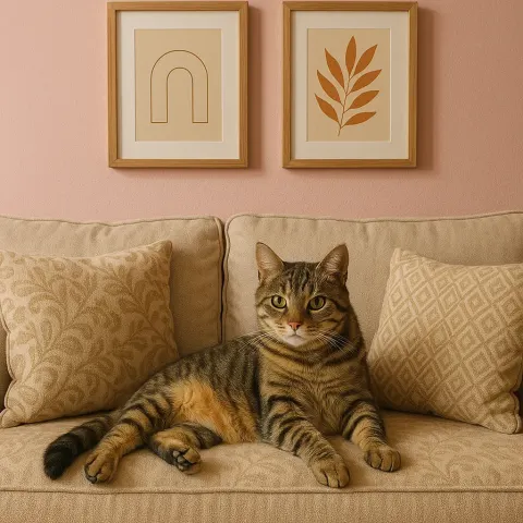 Tabby Cat Lounging on a Patterned Beige Sofa with Cushions