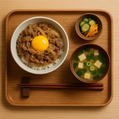 Wooden Tray Holds a Japanese Meal Including a Bowl