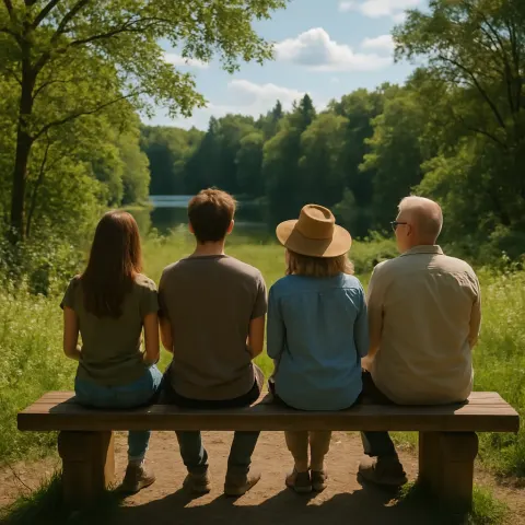 Gathering of Individuals Seated on a Wooden Bench