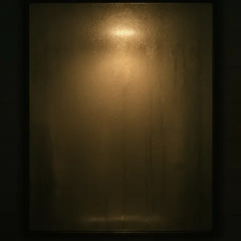 Dimly Lit Reflection on a Mist-covered Bathroom Mirror