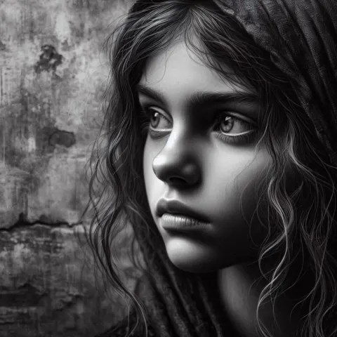 Thoughtful Roma Girl Portrait in B&W