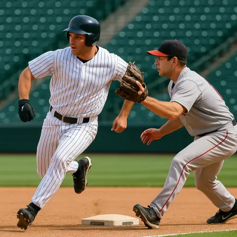Baseball Player in a Pinstripe Uniform Runs Past Another Player