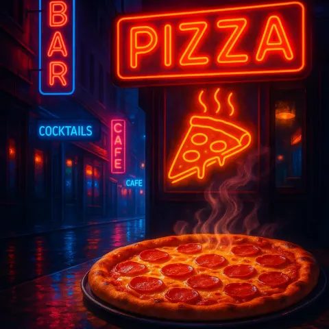 Electrifying Nocturnal Setting Featuring Illuminated Neon Signage and a Hot