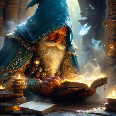 Gnome Merchant Reading Among Floating Tomes