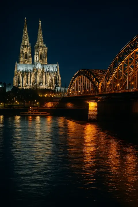 Nighttime View of Cologne Cathedral and Hohenzollern Bridge