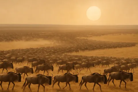 Vast Herd of Wildebeest Stretches Across an Endless Savanna Plain
