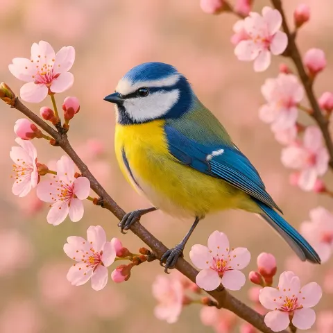 Vividly Hued Bird Sitting Atop a Flowering Tree Branch