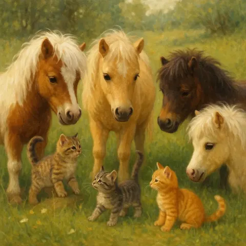 Authentic Depiction of a Meadow Where Four Ponies
