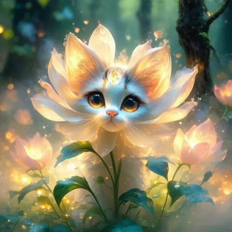 Whimsical Cat Faced Flower in Enchanted Forest