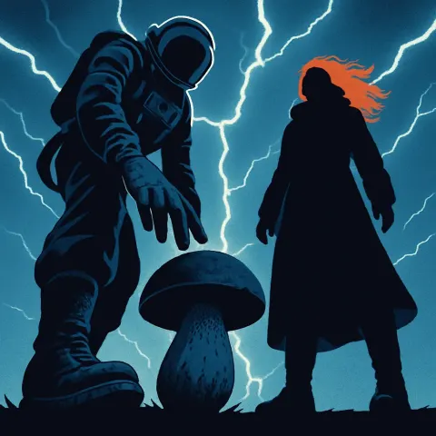 Two Towering Figures Are Dramatically Framed Against Brilliant