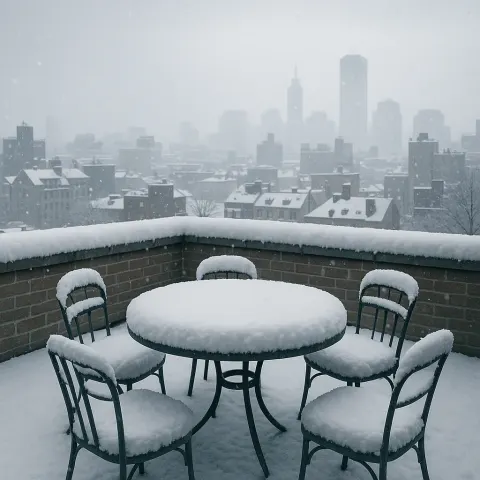 Snowy Rooftop Scene Featuring a Round Table
