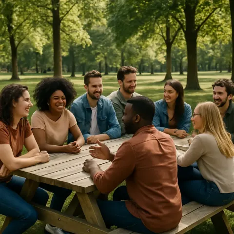 Group of People Sitting and Socializing at Outdoor Picnic Tables