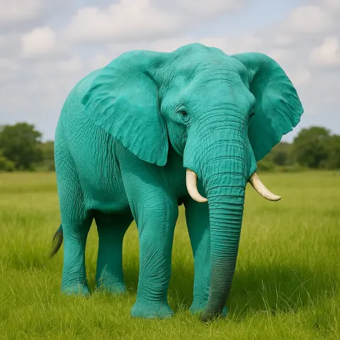 Grassy Field with a Turquoise-colored Elephant Standing Within It
