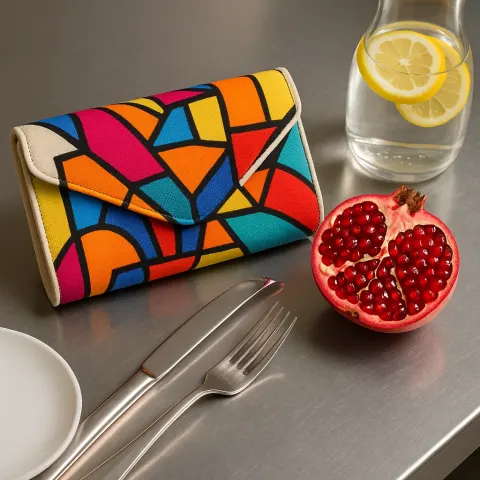 Upon a Sleek Metallic Table Sits a Vibrant Clutch