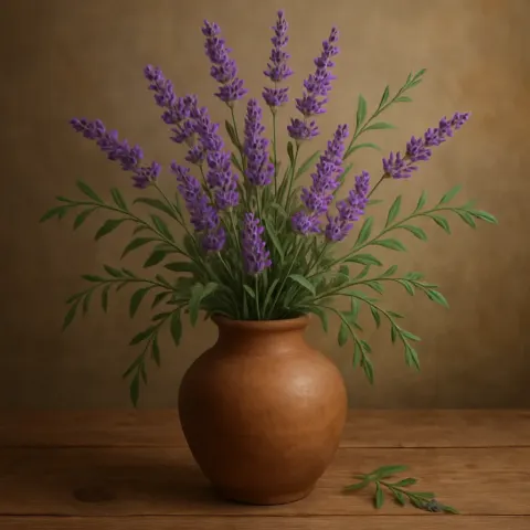 Earthen Vase Perched on a Wooden Table Overflows