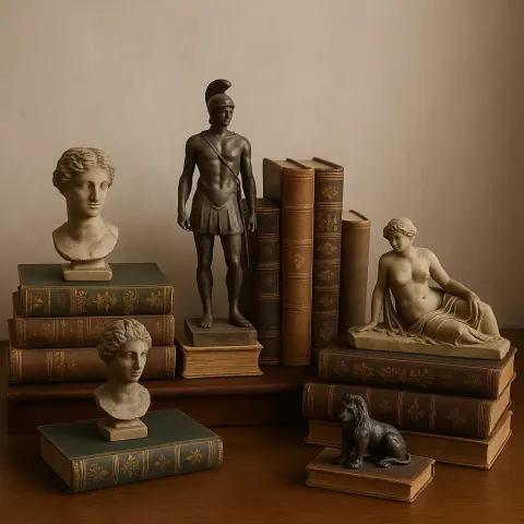 Artful Display Featuring Small-scale Sculptures Paired with Antique Books