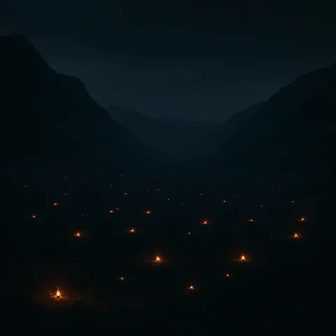 Many Distant Campfires Flicker Like Scattered Embers Across a Vast