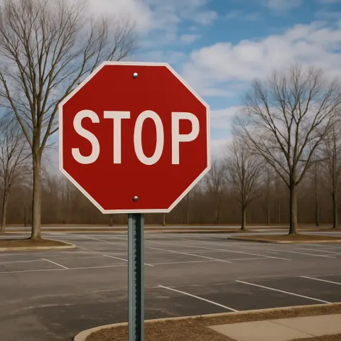 Red Stop Sign Stands at a Quiet Parking Lot