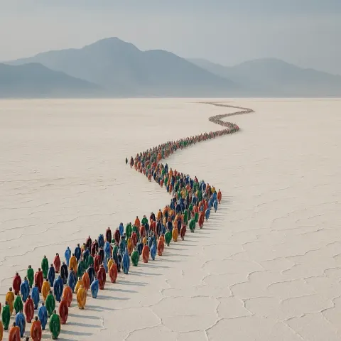 Dense Procession of Robed Figures