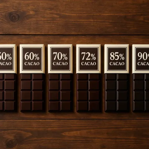 Wooden Table Displaying Six Assorted Dark Chocolate Bars with Varying