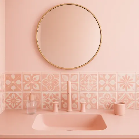 Pastel Pink Countertop in a Bathroom Featuring a Sink