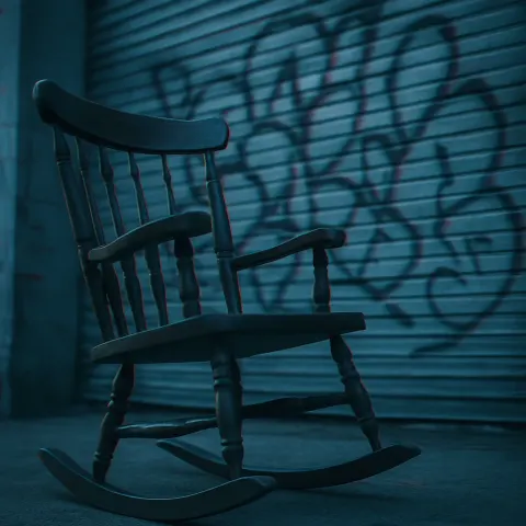 Rocking Chair Before a Graffiti-tagged Corrugated Metal Expanse Glitches Subtly