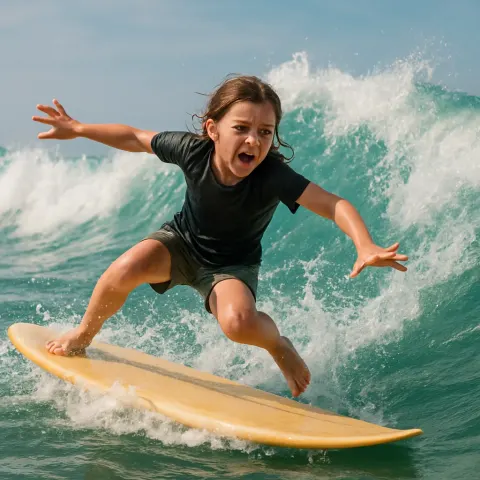 Young Girl Is Riding a Wave on Her Surfboard
