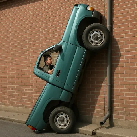 Teal Pickup Truck Is Vertically Lodged Against a Brick Wall