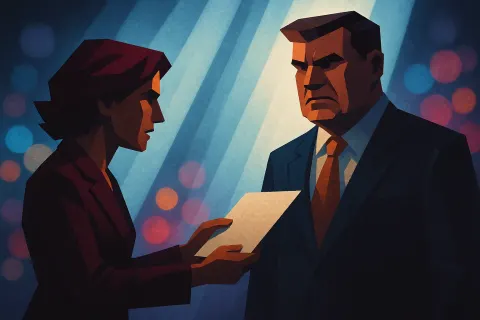 Burgundy-haired Leader Presents an Item to a Male Tycoon