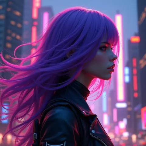 Purple Haired Cyborg in a Neon Cityscape