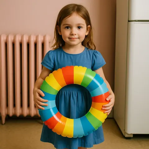 Young Girl Wearing a Blue Dress Stands Holding a Colorful