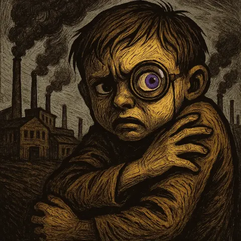 Monocled Child with Violet Eyes Cowers Defensively