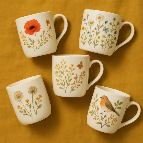 Five White Ceramic Mugs with Delicate Floral and Nature-inspired Patterns