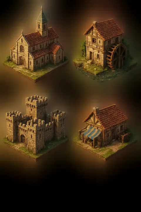 Illustrating Detailed Designs of Various Buildings for My Medieval-themed Real-time