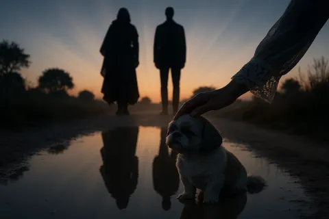 Lace-cuffed Hand Gently Pets a Short-cut Shih-tzu
