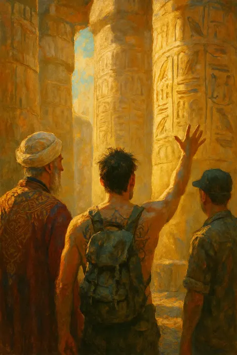 Explorer with a Tattooed Back Raises an Arm Towards Massive