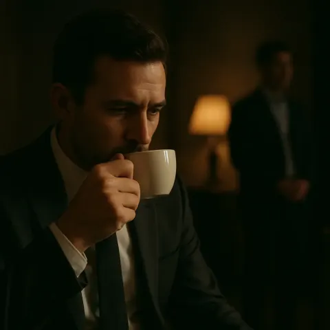 Man in a Suit Drinks from a Cup