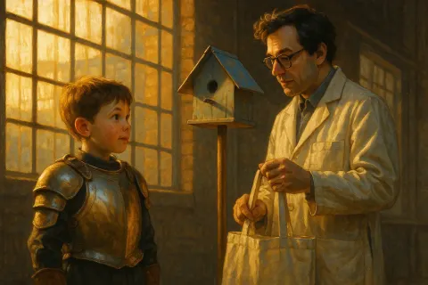 Child's Armored Chestplate Gleams under Warm Golden Side