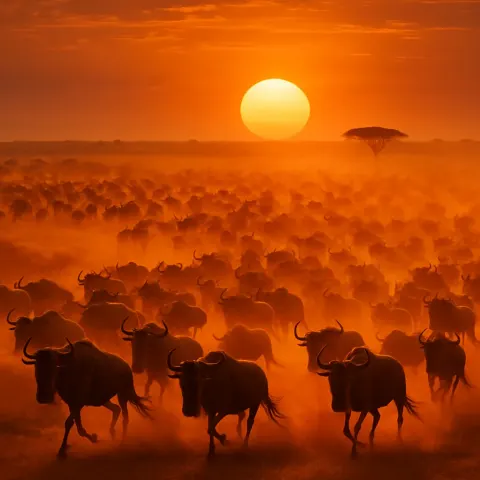 Vast Herd of Distant Wildebeest Stampedes